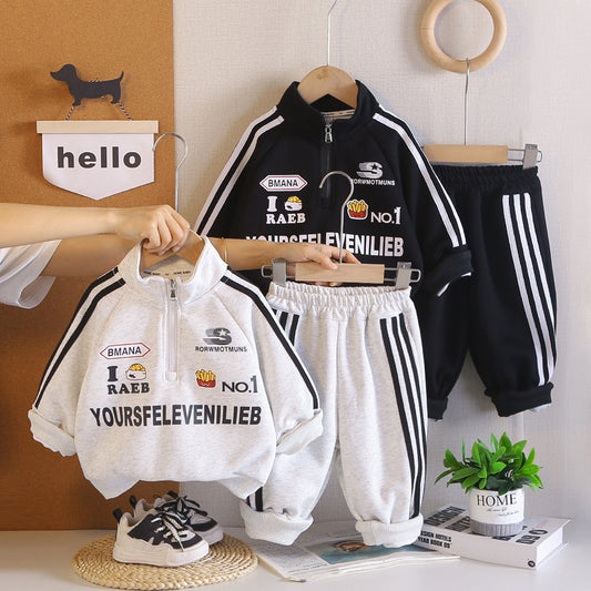 Boys' stylish autumn clothing, children's clothes spring and autumn, half-zip motorcycle two-piece set, handsome outfit for babies aged 1-4 years