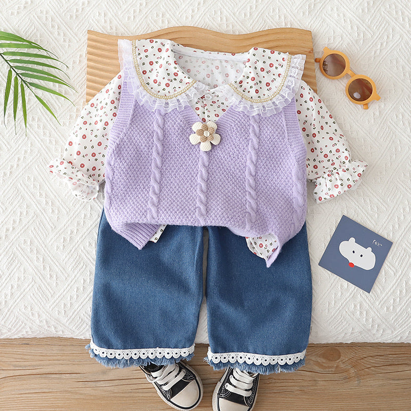 Girls' Floral Sweater Set for and Autumn 2026 New Fashionable Korean Style Baby Girl Spring Outfit
