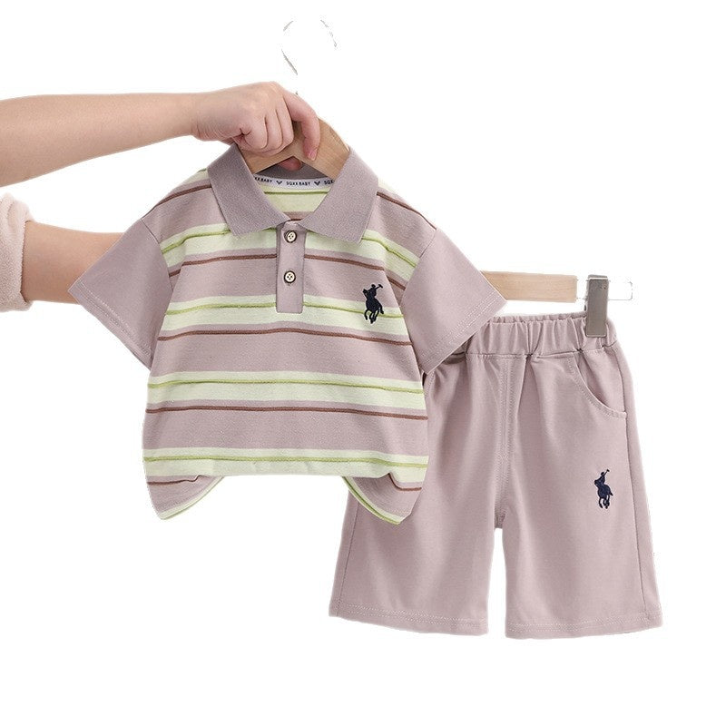 Boys' Outfit 2026 New Trendy Baby Summer Striped Embroidered Short Sleeve Clothes Fashionable Two-Piece Set