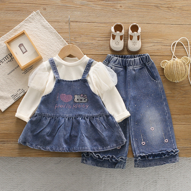 Girls' Outfit 2026 New Fashionable Children's Clothing Baby Denim Suspender Skirt Three-Piece Set Spring and Autumn Clothes