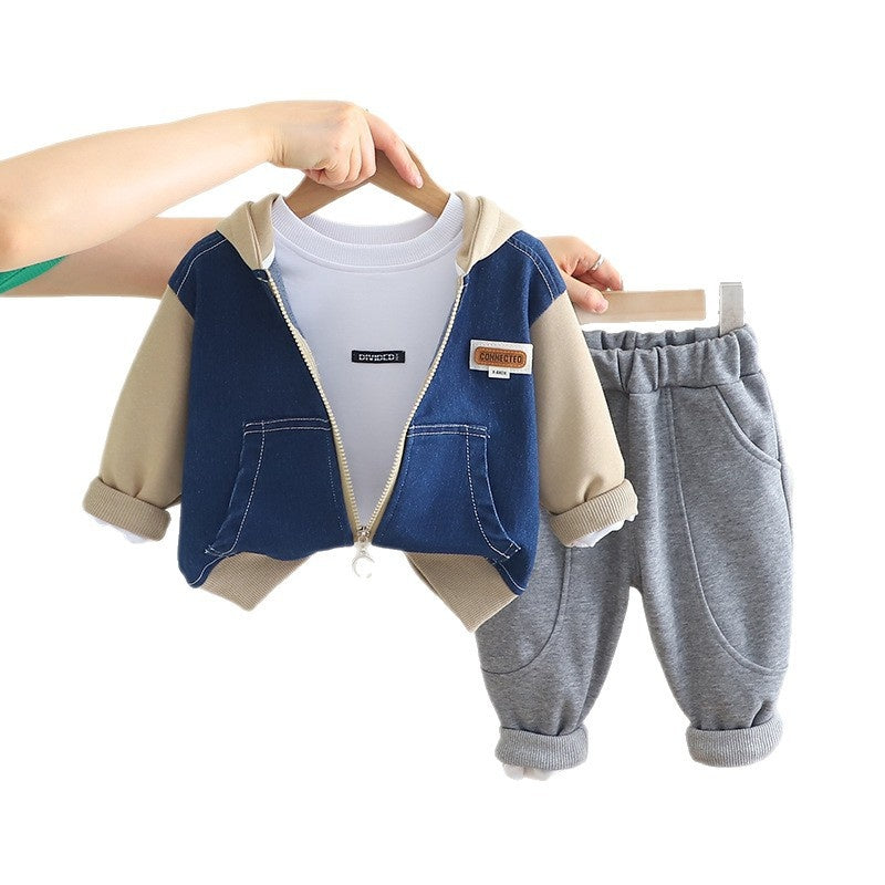Boys' Outfit 2025 New Stylish Children's Spring and Autumn Baby Korean Style Patchwork Denim Hoodie Three-Piece Set