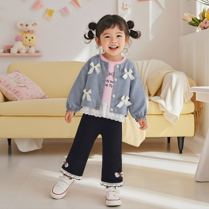 Outfit 2025 New Baby Four Bowknot Denim Three-Piece Set Spring and Autumn Infant Girls' Clothing