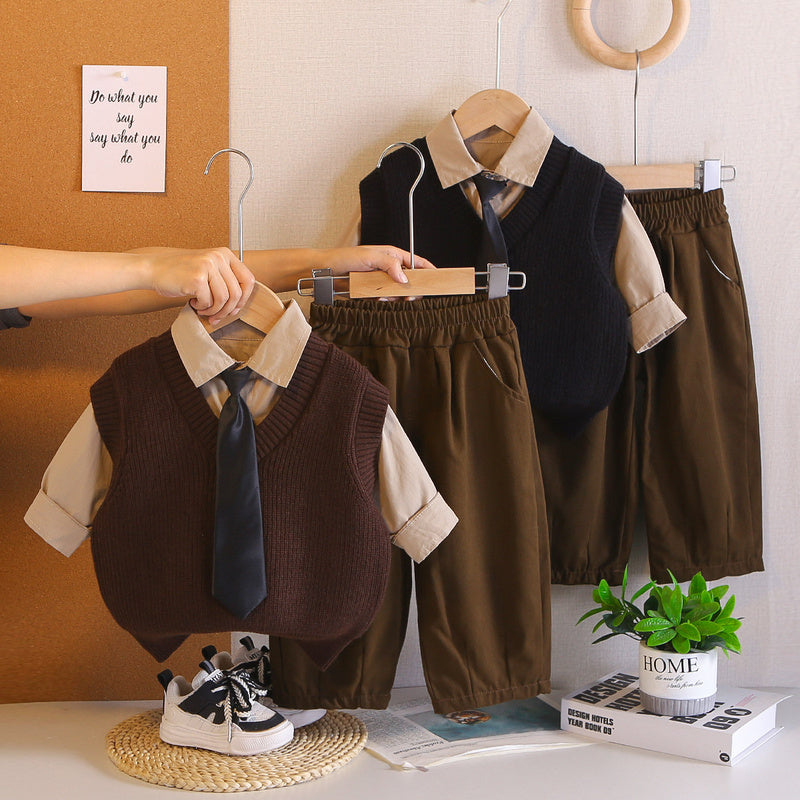 Baby Boy Outfit 2026 New Casual Stylish Children's Boys' Spring and Autumn V-neck Sweater Three-piece Set