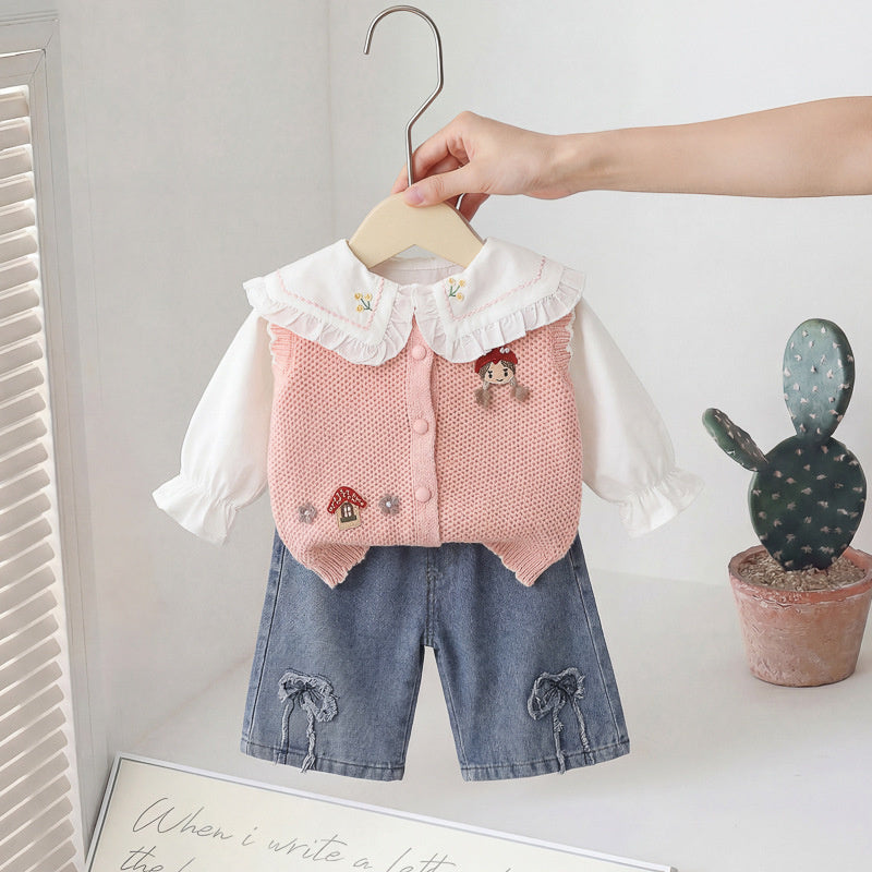 Girls' Spring and Autumn Long Sleeve Outfit 2026 New Baby Children's Clothing Cartoon Mushroom Sweater Three-Piece Set Trendy