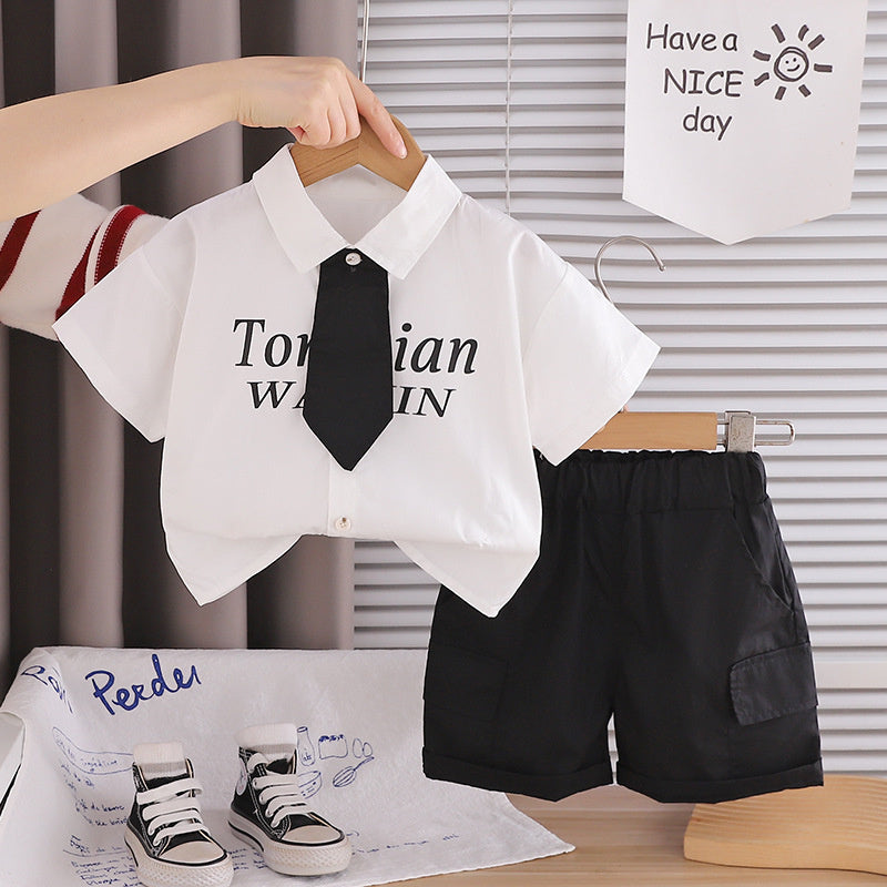 Boys' Outfit Set, Stylish 2026 New Model Children, Baby Summer Suit with Turn-down Collar and Tie, Short Sleeve, for 1-4 Year Olds