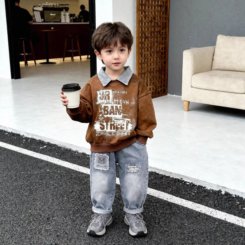 Baby boy spring outfit stylish children's clothing 2026 new style boys' letter sweatshirt two-piece set for one-year-old boys