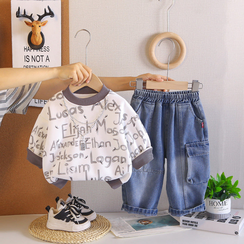 Boys' Outfit 2026 New Fashionable Spring and Clothes Children, Stylish Two-Piece Autumn Sweatshirt Set for Boys
