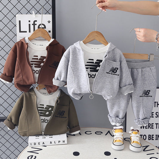 Boys' stylish outfit: 2-piece children's zip-up shirt, handsome spring and autumn wear for 1-5 year old toddlers, letter-printed flat-shoulder three-piece set