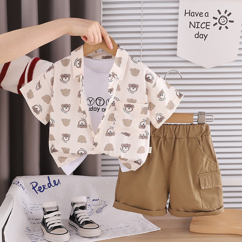 Boys' Summer Full-Print Bear Head Short-Sleeve Shirt Set, Thin Children's Clothing for One-Year-Old Baby Boys