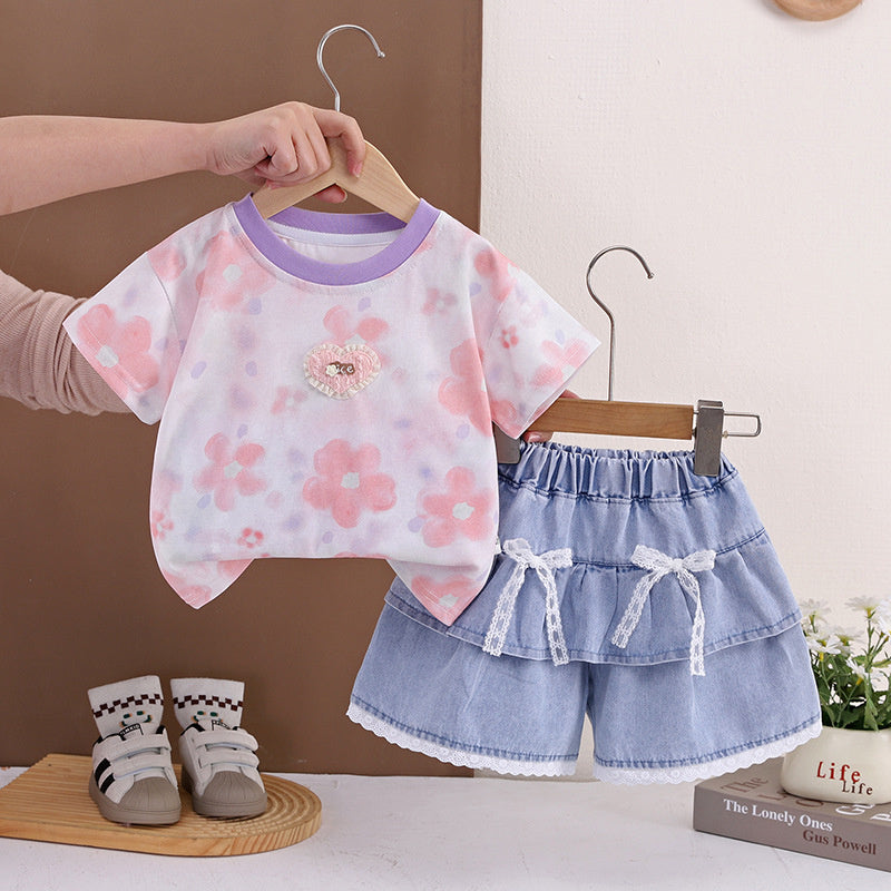 Girls' Outfit 2026 New Style Children's Casual Full-Print Floral Heart Pattern Thin Short-Sleeve Summer Two-Piece Set