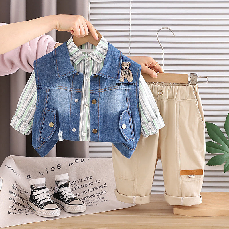 Boys' 2026 Spring and New Fashionable Children's Autumn Outfit Stylish Denim Jacket Three-Piece Set Baby Casual Wear