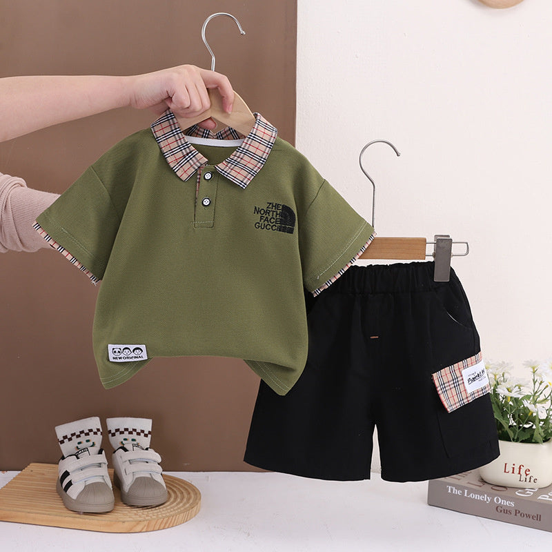 Boys' Outfit 2026 New Children's Plaid Collar Short Sleeve Summer Clothes Baby Embroidered Casual Two-Piece Set Trendy