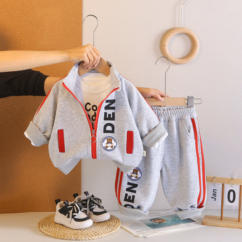 Boys' Outfit: Stylish Round-Logo Bear Three-Piece Set, Fashionable and Trendy Baby Spring Clothes for Toddlers