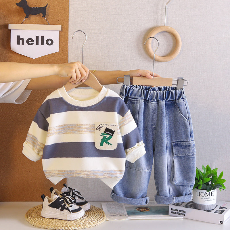 Baby boy striped pocket set, toddler casual round-neck long-sleeve stylish autumn outfit, children's two-piece trendy and cool set