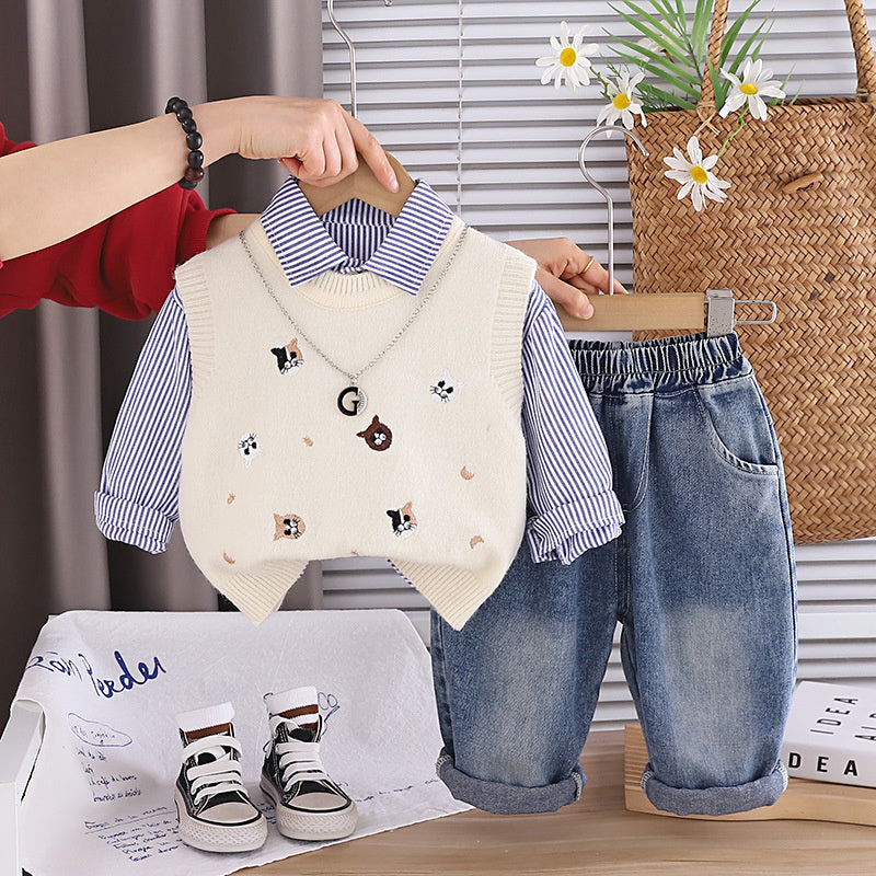 Boys' Sports Outfit 1-3 Years Old Baby Spring and Autumn Cat Sweater Vest Three-Piece Set Infant Toddler Clothing