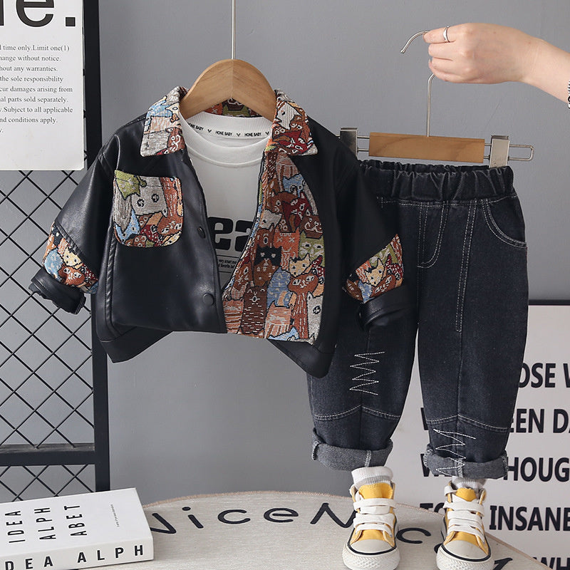 Boys' Autumn Outfit 2026 New Korean Style Round Pocket Leather Jacket Three-Piece Set for Toddlers, Stylish Children's Clothing