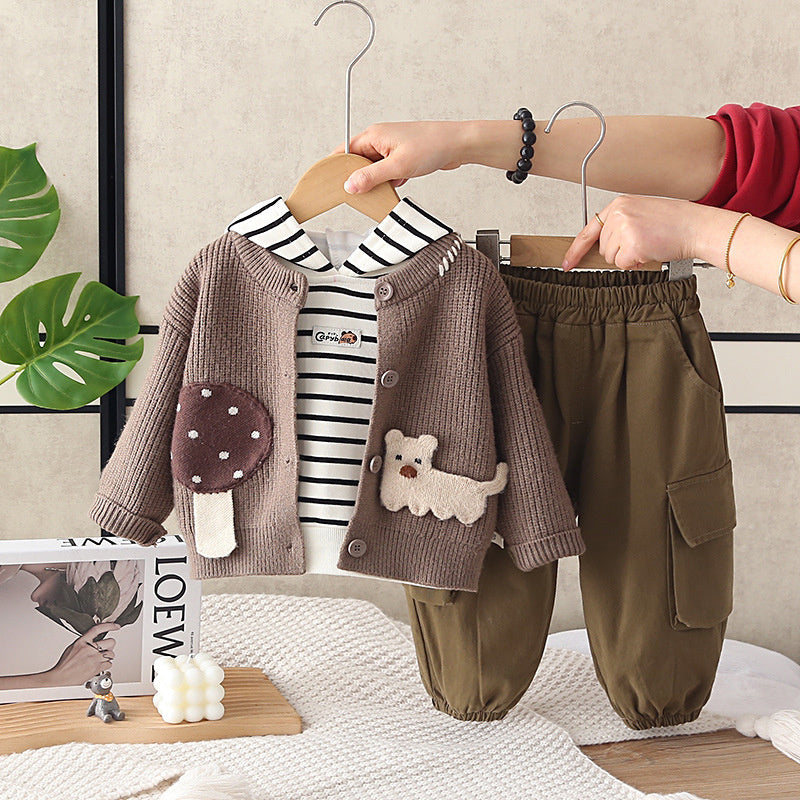 Boys' Outfit 2026 New Fashionable Patchwork Puppy Long Sleeve Sweater Three-Piece Set Baby, Stylish and Trendy for Spring