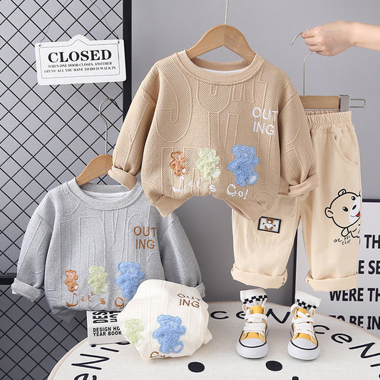 Infant Spring and Autumn Round Neck Children's Clothing Boys New Long Sleeve Three Bears Sweatshirt Two-Piece Set One Piece Dropshipping