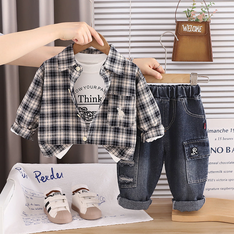 Children's clothing boys' long-sleeve suit new style baby toddler plaid shirt three-piece set ages 1-3-5 years old, stylish for spring and autumn