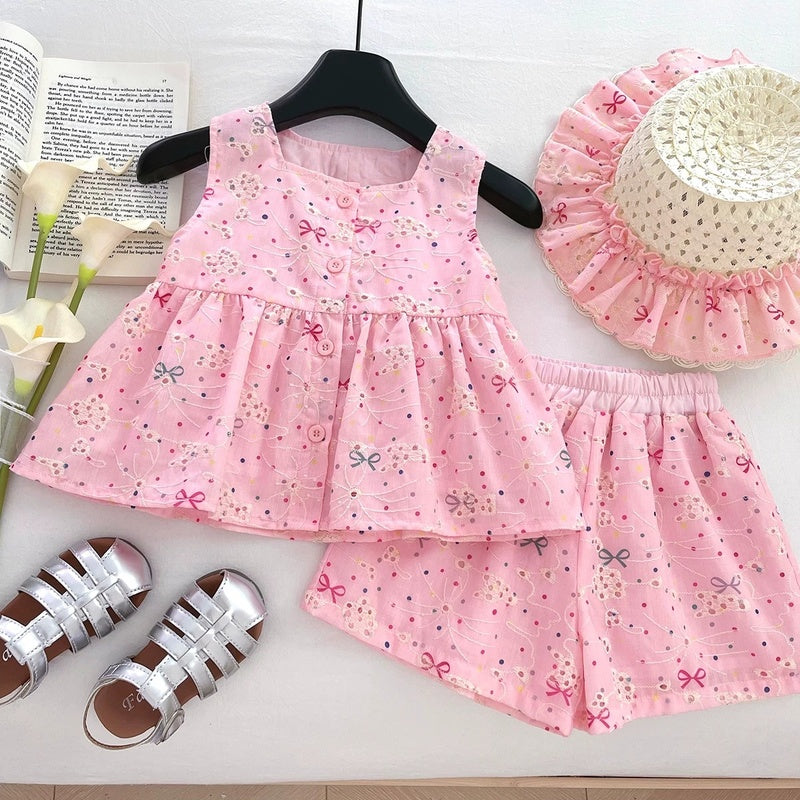 2026 Spring/Summer New Girls' Outfit Cute Bow Embroidered Sleeveless Top and Shorts Two-Piece Set with Hat