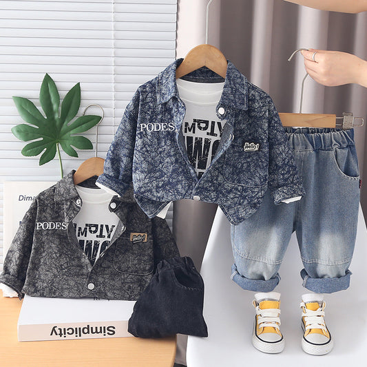 Boys' Outfit 2026 New Style Infant Children's Spring and Autumn Long Sleeve Denim Casual Three-Piece Set Baby Boy Clothes Trendy