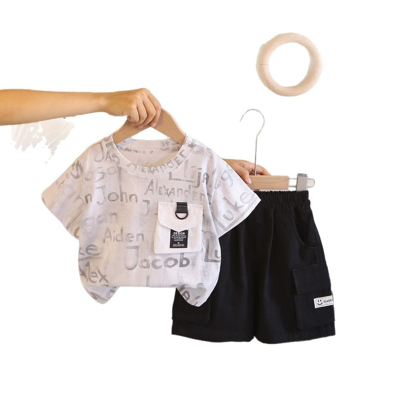 Boys' Summer Outfit 2026 New Korean Style Short Sleeve Casual Two-Piece Set with English Pocket for Toddlers