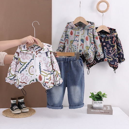 Boys' Outfit for Spring and Autumn 2026 New Graffiti Line Jacket, Long Sleeve Baby Korean Style Two-Piece Set Trendy