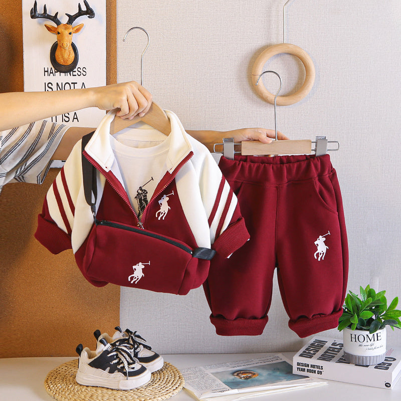 Boys' Casual Sports Suit Korean Style Fashionable Baby Patchwork Embroidery Three-Piece Spring Autumn Children's Outfit