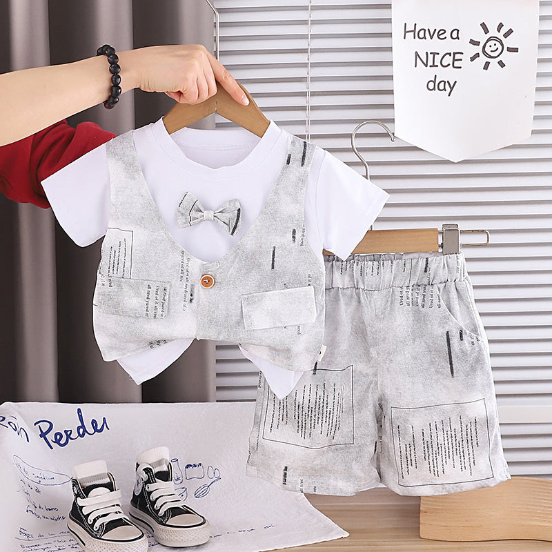 Boys' Outfit 2026 New Short-Sleeve Children's Clothing Baby Summer Bow Tie Vest Fake Three-Piece Trendy Set