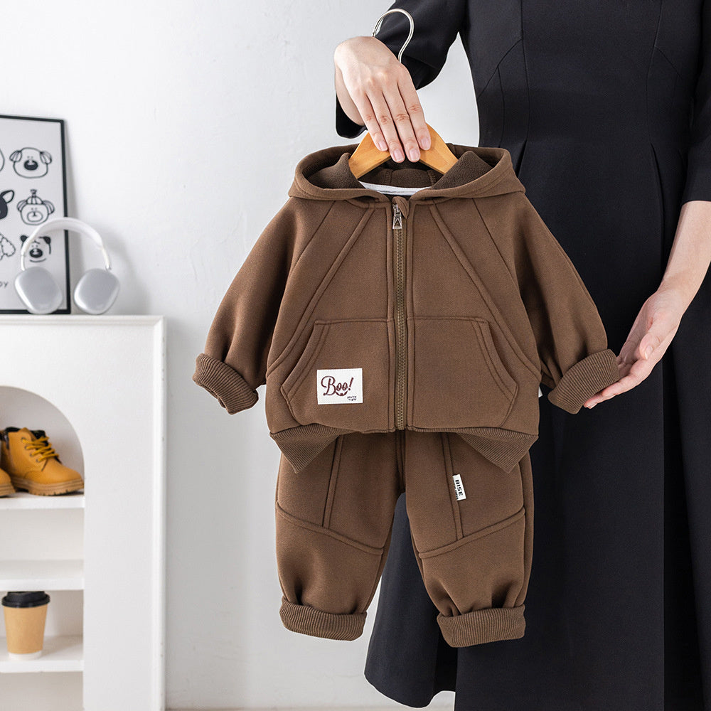 Fleece-Lined Suit 2025 Stylish New Children's Boys' Autumn Winter Solid Color Zipper Two-Piece Set Trendy
