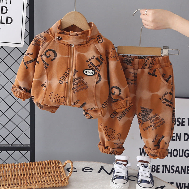 Boys' Outfit 2026 New Fashionable Baby Full-Print Zipper Long-Sleeve Two-Piece Set for Children in Spring and Autumn