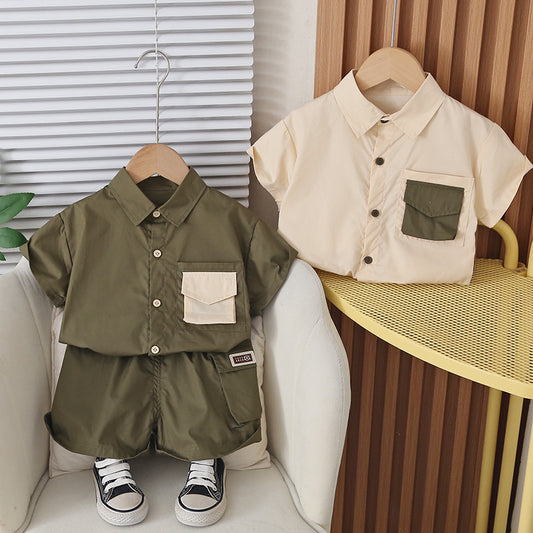Boys' Outfit 2026 New Style, Cool and Stylish Color-Block Pocket Short-Sleeve Clothes, Trendy Baby Summer Two-Piece Set