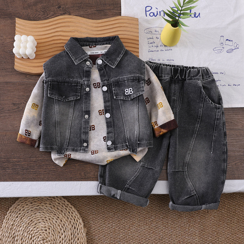 Boys' Outfit 2026 New Fashionable Children's Denim Vest Three-Piece Set Baby Spring and Autumn Casual Trend