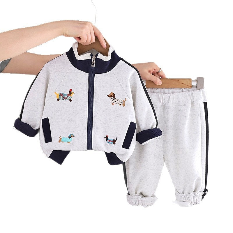 Boys' Stylish Outfit 2025 Spring and Autumn New Fashionable Baby Korean Style Cartoon Dog Patch Sports Two-Piece Set