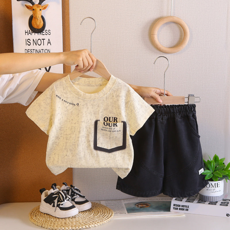 Boys' and girls' pocket short-sleeve T-shirt casual set 2026 summer new children's fashionable two-piece outfit
