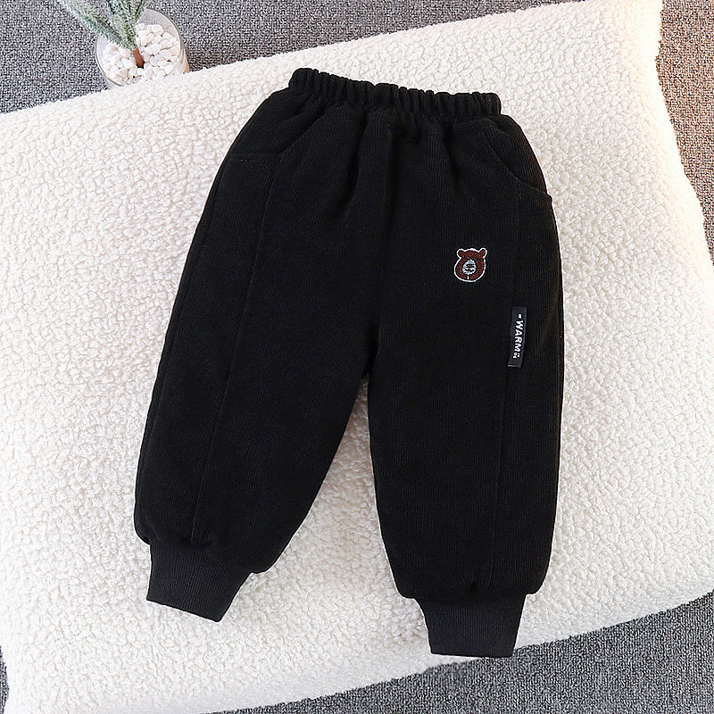 Side Label Bear Head Cotton Thickened Baby One-Piece Boys' Winter Quilted Casual Pants Trendy