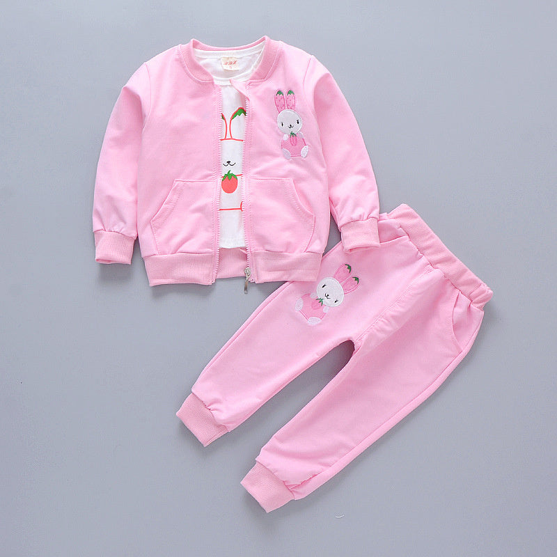 Children's clothing stylish outfit 2026, spring and autumn wear 2-3 year old little girls, long-sleeved cartoon three-piece set for toddlers 7