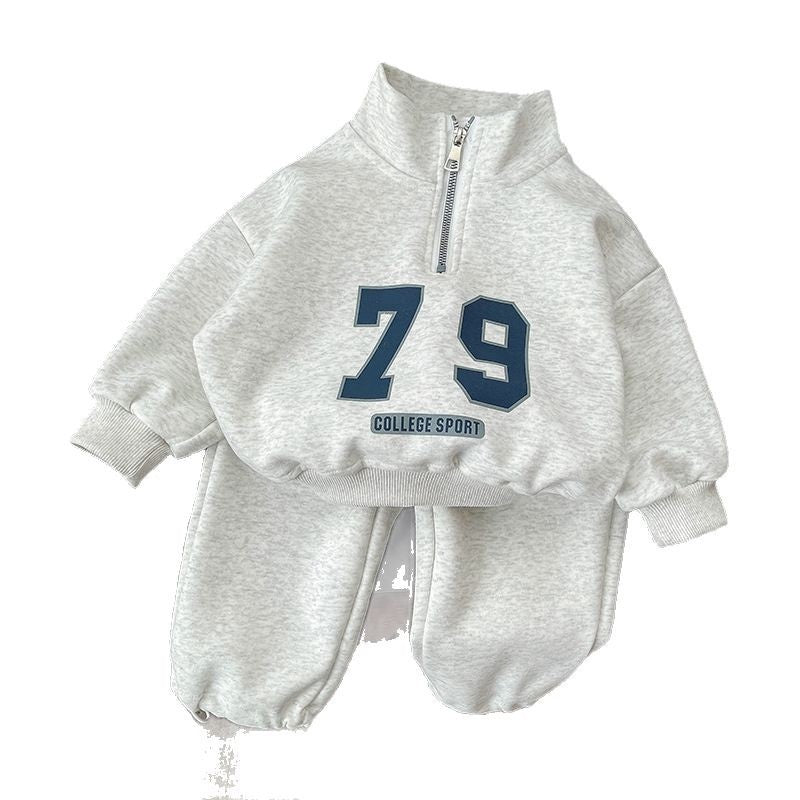 Boys' Outfit 2025 New Stylish Long Sleeve Stand Collar Half-Zip Set Baby Spring Sweatshirt Infant Children's Sportswear