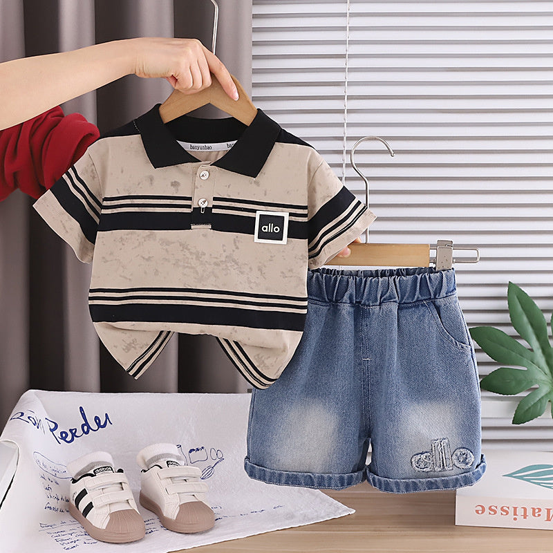 Boys' Outfit 2026 New Fashionable Casual Striped Short-Sleeve Summer Korean Style Two-Piece Set for Children