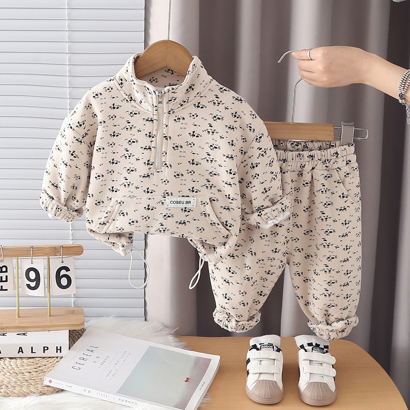 Boys Girls Spring and Autumn Outfit 2026 New Fashionable Children's Floral Casual Half-Zip Sports Sweatpants Set