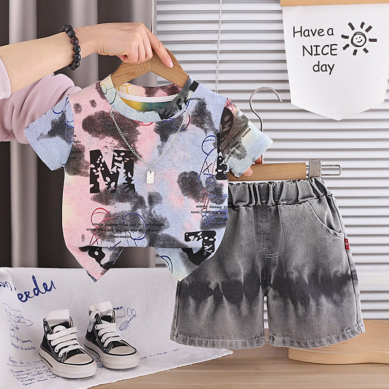 Baby clothes summer thin style children's clothing necklace two-piece set stylish cartoon short-sleeve outfit for one-year-old boy