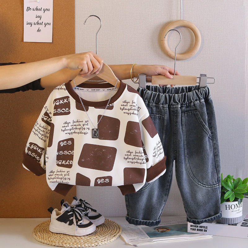 Baby Korean-style autumn sweatshirt set, stylish cool spring-autumn clothing for boys, infant and toddler two-piece trendy outfit
