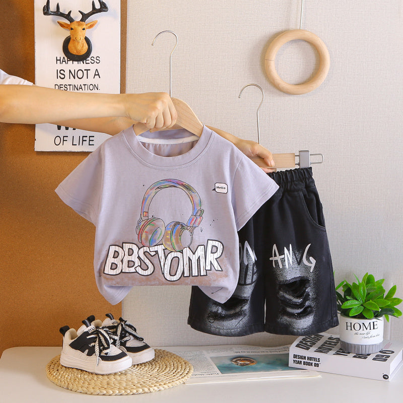 Children's clothing boys, set, 2026 new model, earphone short-sleeve baby summer clothes, two-piece set for small children