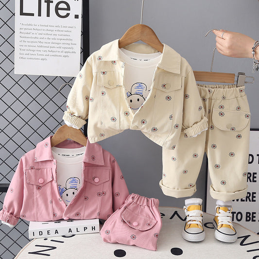 Girls' Outfit 2026 New Baby Spring and Autumn Clothes Cute Full-Print Floral Three-Piece Set Trendy Children's Clothing