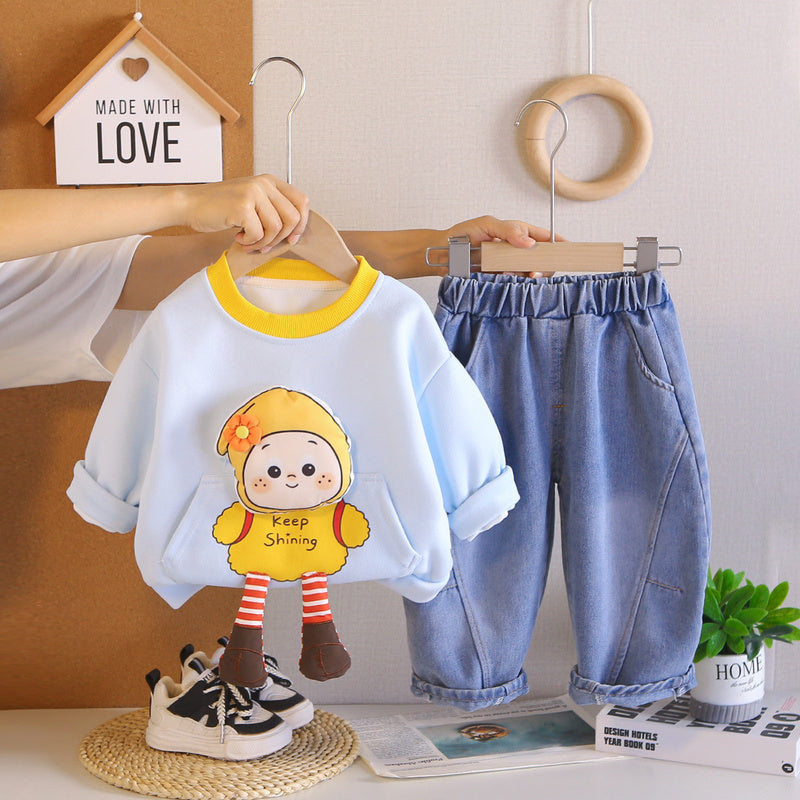 Boys' Stylish Spring and Autumn Outfit 2026 New Children's 3D Cartoon Sweatshirt Two-Piece Set Long Sleeve Baby Clothing
