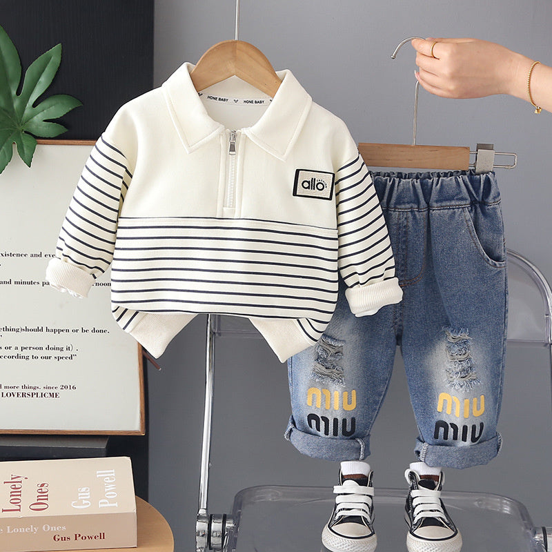 Boys' Spring 2026 New Stylish Set for 1-3 Year Olds, Baby Two-Piece Outfit with Half-Zip Long Sleeve Clothes