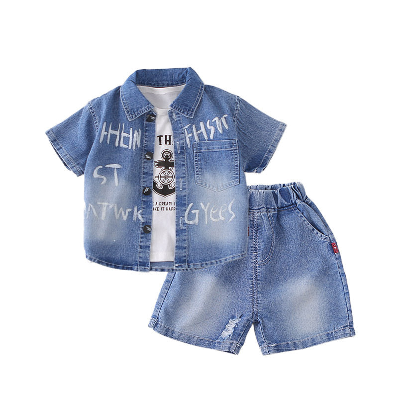 Boys' Summer Outfit 2026 New Children's Letter Print Denim Short Sleeve Shorts Baby Thin Clothing Three-Piece Set