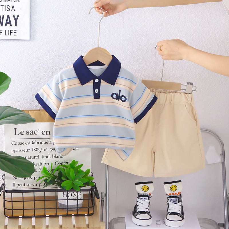 Children's short-sleeve set with striped placket shirt, boys' t-shirt, baby summer clothing, shorts, infant clothes, new trendy style