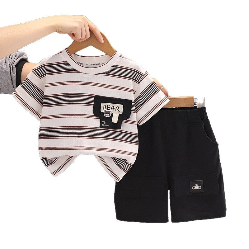 Boys' Summer Outfit 2026 New Style: Toddler Striped Short Sleeve Shirt with Pocket Shorts Two-Piece Set, Trendy and Stylish for Babies