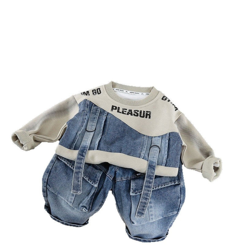 Boys' Outfit 2026 New Fashionable Two-Piece Set with Straps Patchwork Sweatshirt for Toddlers in Spring and Autumn